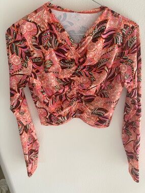 A.L.C. Coral Pink Ruched V-Neck Long Sleeve Crop Top Size M